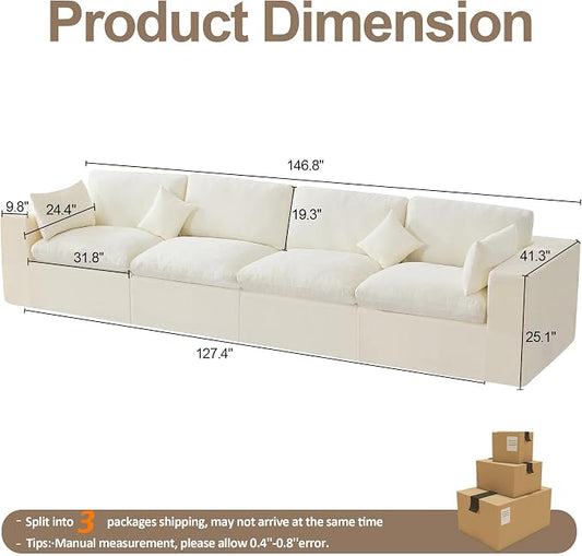 146''Cloud Boneless Sectional Couch, Modular Sectional Sofa Deep Seat, Oversized Upholstered Convertible Comfy 4 Seater Chenille Memory Foam Sofa Couches for Living Room, Beige