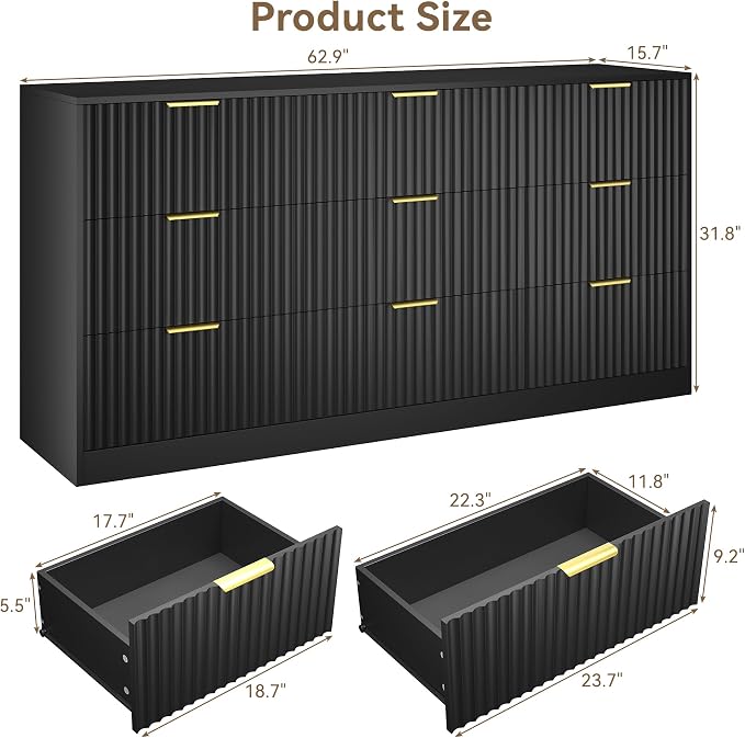 Black 9 Drawer Dresser for Bedroom, 63" Wide Modern Fluted Chest of Drawers, Wooden Dresser with Gold Metal Handles, Mid Century Large Dresser TV Stand for Living Room Hallway