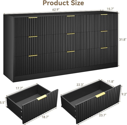 Black 9 Drawer Dresser for Bedroom, 63" Wide Modern Fluted Chest of Drawers, Wooden Dresser with Gold Metal Handles, Mid Century Large Dresser TV Stand for Living Room Hallway