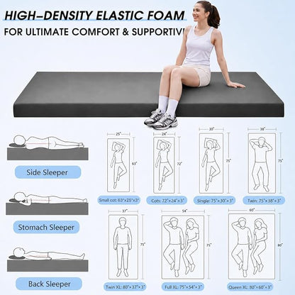 CYMULA 3 Inch Memory Foam Camping Pad, Camping Essentials Roll Up Floor Mat for Car Camping, Cot, Tent, Truck, Travel and Guest Use, Non-Slip Waterproof Bottom, Removable Cover