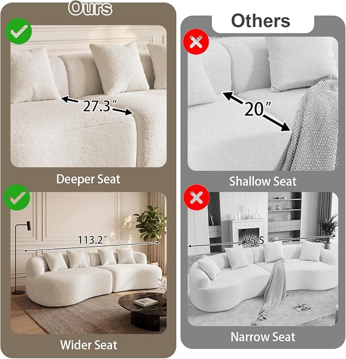 113" Curved Sectional Sofa Modern Cream Cloud Couch Modular Sectional Couches for Living Room Boneless Cloud Sofa Boucle Loveseat Comfy Chenille Deep Seat with 4 Pillows, Cream White