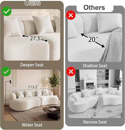 113" Curved Sectional Sofa Modern Cream Cloud Couch Modular Sectional Couches for Living Room Boneless Cloud Sofa Boucle Loveseat Comfy Chenille Deep Seat with 4 Pillows, Cream White