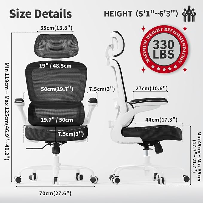 TRALT Ergonomic Office Chair - Desk Chair with Adjustable Headrest Lumbar Support Computer Chair - Mesh Comfy Chair with Flip-up Armrests - Gaming Chairs for Adults Home Office (Leather, Black White)