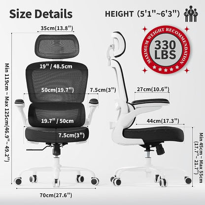 TRALT Ergonomic Office Chair - Desk Chair with Adjustable Headrest Lumbar Support Computer Chair - Mesh Comfy Chair with Flip-up Armrests - Gaming Chairs for Adults Home Office (Leather, Black White)