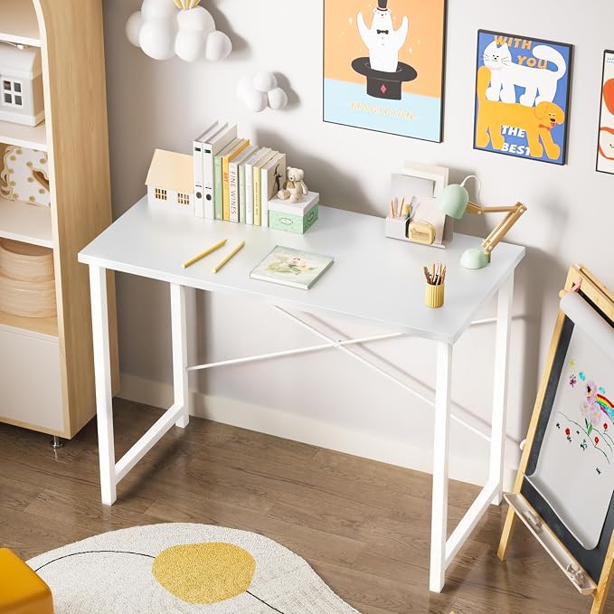 Sweetcrispy 32 Inch Small Computer Desk, Home Office Desk, Small Study Workstation for Bedroom, Study Table with X-Shaped, Modern Simple Gaming Table, White