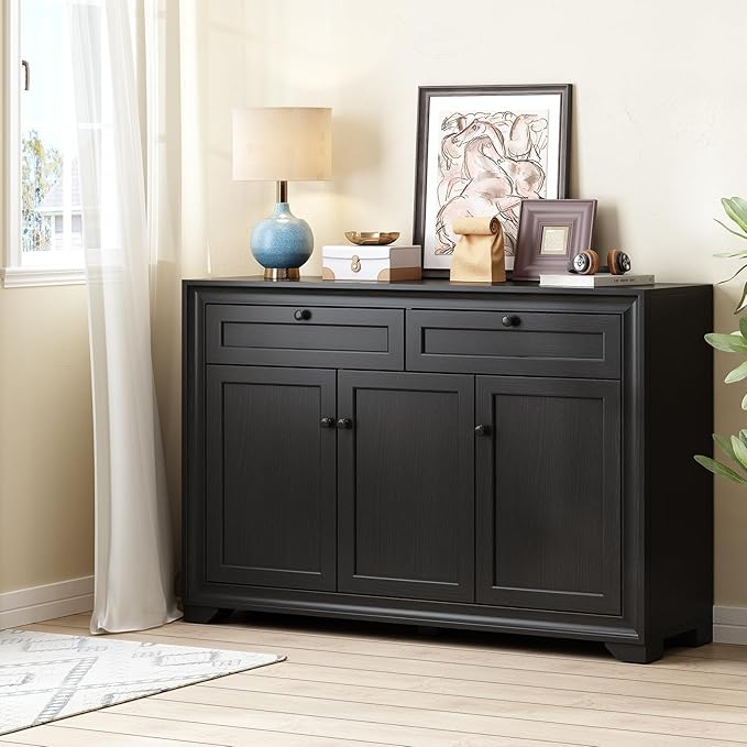 ONBRILL 48 Inches Sideboard Buffet Cabinet with Storage, Farmhouse Sideboard with 2 Drawers and 3 Doors, Wood Coffee Bar Cabinet with Adjustable Shelves for Living Room, Kitchen, Hallway, Black