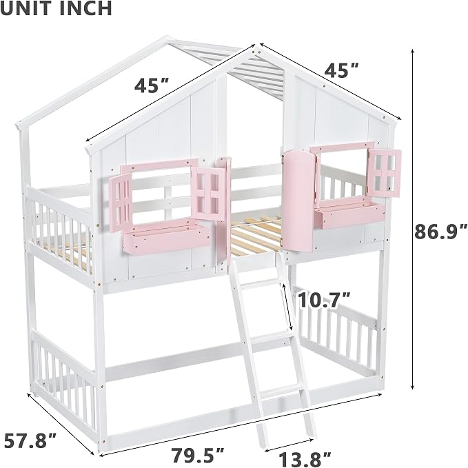 PVWIIK Twin Over Twin House Bunk Beds with Window Door & Roof, Solid Wood Playhouse Bunk Bed w/Window Box & Ladder,No Box Spring Needed & Space Saving for Boys and Girls, Pink/White