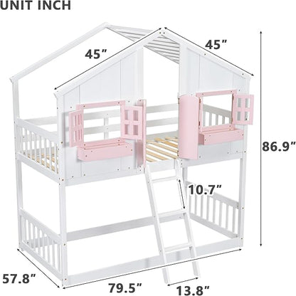 Twin over Twin House Bunk Bed with Roof,Windows,Door,Window Boxes,Safety Guardrails & Ladder,Pine Wood Frame,Low-Height Kids Bunk Beds for Bedrooms,Playful Loft Bed with Easy Assembly, Pink+White