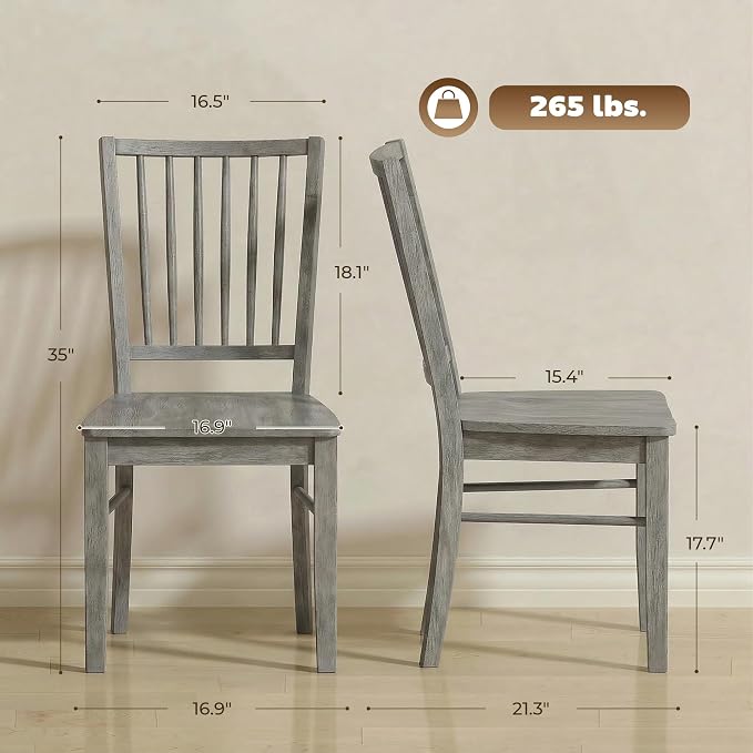HOMCOM Farmhouse Dining Chairs Set of 2, Ergonomic Solid Wood Armless Kitchen Chairs with Rubberwood Legs for Dining Room, Kitchen, Rustic Gray
