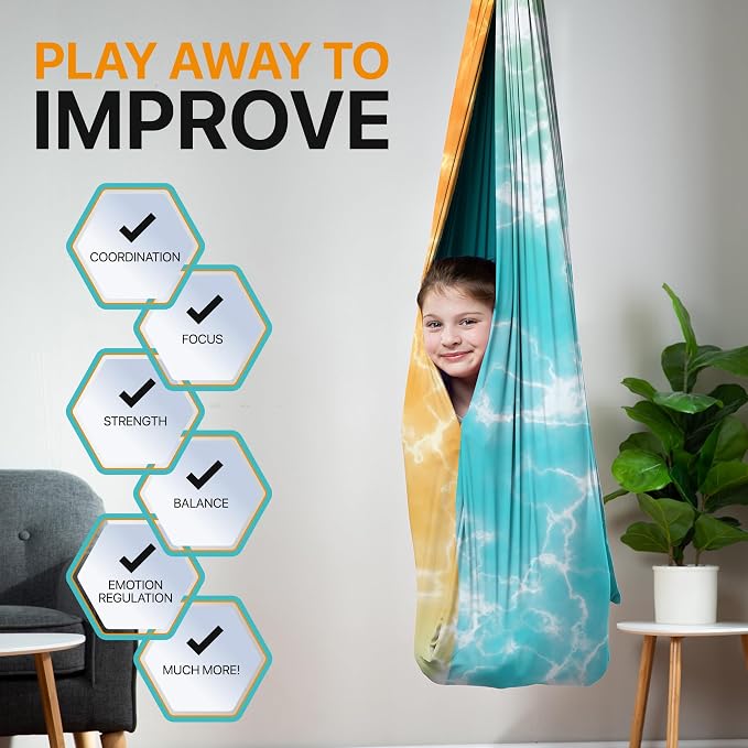 Indoor Sensory Swing for Kids or Outdoor – Holds 300lbs, Double-Layer, & 360° Swivel, Calming Compression Therapy Swing Hammock for Kids & Adults with All Hardware – Sensory-Motor Toys & Gifts