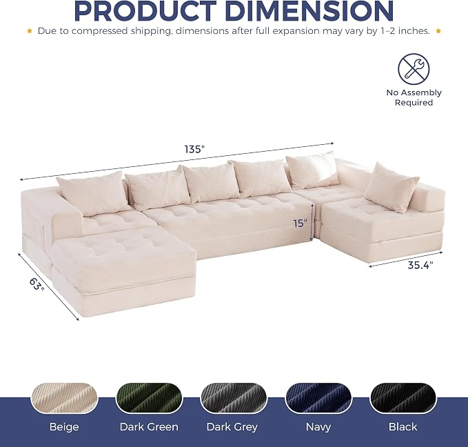 MAXYOYO Modular Sectional Sofa Couch, Foldable U Shaped Cloud Couch with Pillows, Tufted 7-Seat Boneless Lounger Floor Sofa Bed for Living Room, No Assembly Required, Beige