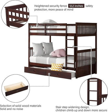 Merax Wood Bunk Bed with Drawers,Convertible Wood Bunk Bed with Ladders and Two Storage Drawers,Solid Wood Detachable Bed Frame with Ladders,Twin Over Twin Size,Espresso