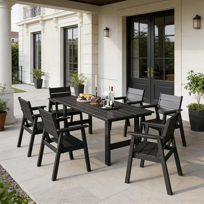 HDPE Outdoor Dining Table and Chairs, 7-Piece Patio Table and Chairs Set, Outdoor Dining Set for 6, All-Weather Dining Furniture Set with Umbrella Hole, Black