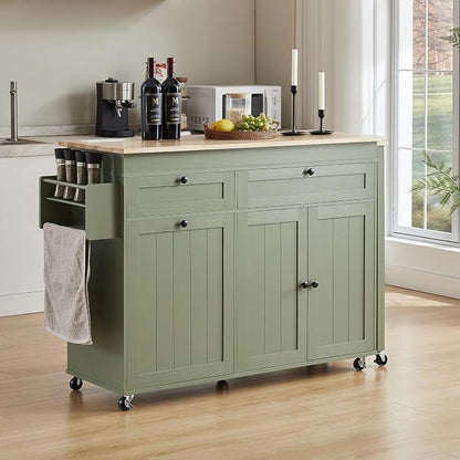 ONBRILL Kitchen Islands with Extendable Dining Table, 81.7" Mobile Kitchen Storage Islands, Rolling Kitchen Cart with Trash Cabinet, Power Outlet, Spice Rack & Towel Rack, Green