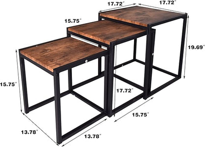 Nesting Table Set of 3 Side Tables, Modern Coffee Table Stacking End Table with Metal Frame，Brown