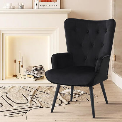 Furnimart Black Velvet Accent Chair Mid Century Modern Living Room Chairs; Comfy Armchair Leisure Vanity Guest Wingback Chair for Office Study Vanity Bedroom Waiting Room