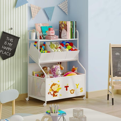 BBLIKE Toy Storage Organizer with Wheels - 3-Tier Kids Large Toy Box, Toy Chest Storage for Boys Girls Toddlers, Kids Bookshelf with 3 Fabric Toy Boxes for Playroom, White