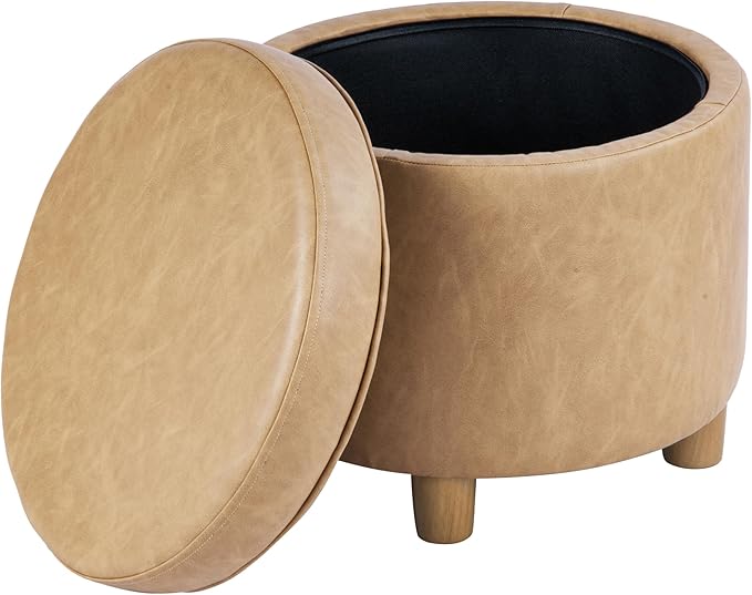 HomePop 19" Round Storage Ottoman - Sand Faux Leather