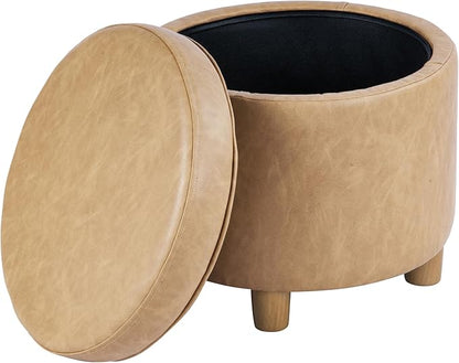 HomePop 19" Round Storage Ottoman - Sand Faux Leather