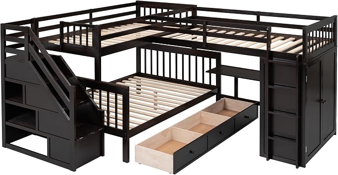 L-Shaped Bunk Bed for 4 Kids, Twin-Twin Over Full with 3 Drawers, Portable Desk and Wardrobe, Solid Wood Bedframe with Stairs and Full-Length Guardrails, No Box Spring Needed (Espresso)