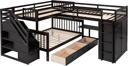 L-Shaped Bunk Bed for 4 Kids, Twin-Twin Over Full with 3 Drawers, Portable Desk and Wardrobe, Solid Wood Bedframe with Stairs and Full-Length Guardrails, No Box Spring Needed (Espresso)