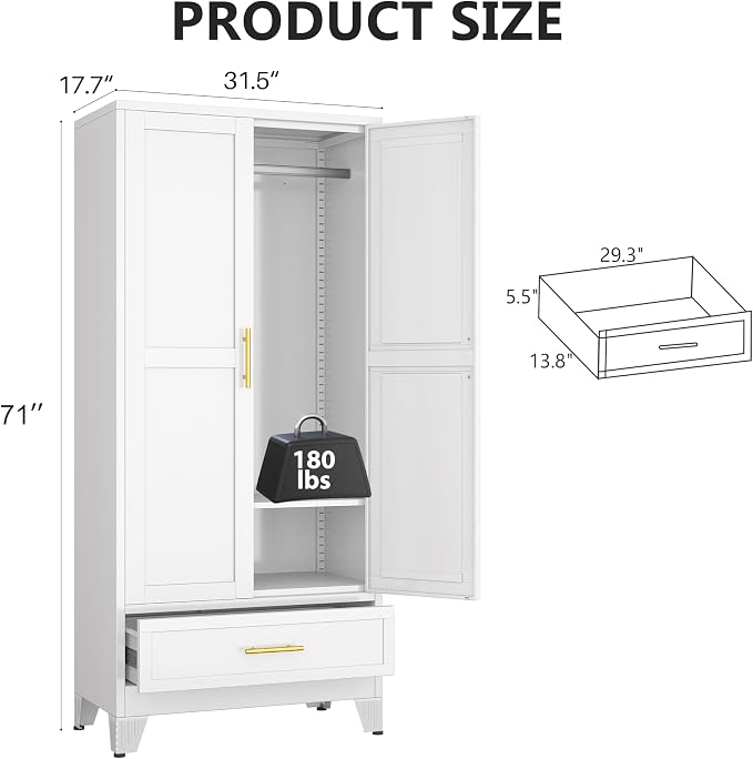 Metal Armoire Wardrobe Closet Storage Cabinet with 2 Doors White, 71'' Wardrobe Cabinet with Hanging Rod Metal Closet with Adjustable Shelf and Drawer for Bedroom, Laundry Room, Cloak Room