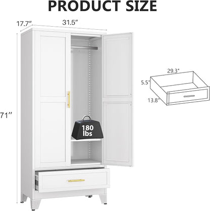 Metal Armoire Wardrobe Closet Storage Cabinet with 2 Doors White, 71'' Wardrobe Cabinet with Hanging Rod Metal Closet with Adjustable Shelf and Drawer for Bedroom, Laundry Room, Cloak Room