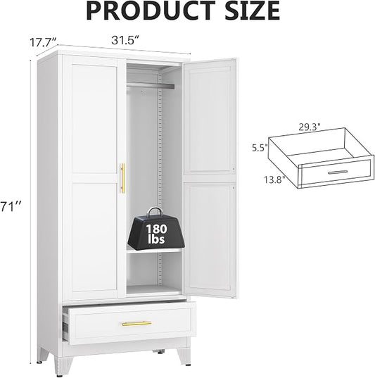 Metal Armoire Wardrobe Closet Storage Cabinet with 2 Doors White, 71'' Wardrobe Cabinet with Hanging Rod Metal Closet with Adjustable Shelf and Drawer for Bedroom, Laundry Room, Cloak Room