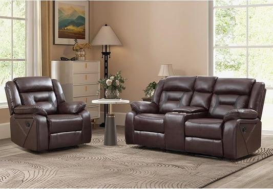EBELLO Manual Recliner Sofa Set, Faux Leather Reclining Living Room Furniture Set, Included Single Recliner Chair and Manual Loveseat Sofa, Dark Brown