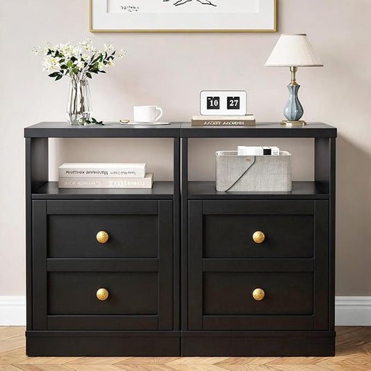RoyalCraft Black Nightstand Set of 2, Small End Table with Storage Shelf and Door, Faux Two-Drawer Design Side Table, Modern Night Stand for Bedroom Dorm, Wood Beside Table for Small Spaces