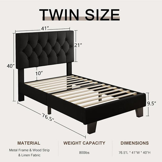 Einhomn Twin Upholstered Bed Frame with Headboard, Button Tufted Linen Bed Base, Platform Bed with Wood Slat, Heavy Duty, Easy Assembly, No Box Spring Needed,Black