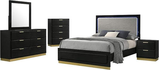 Coaster Home Furnishings Caraway Contemporary 5-Piece Bedroom Set Upholstered Eastern King Size LED Panel Bed Frame 55-inch Headboard Black 224781KE-S5