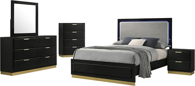 Coaster Home Furnishings Caraway Contemporary 5-Piece Bedroom Set Upholstered California King Size LED Panel Bed Frame 55-inch Headboard Black 224781KW-S5
