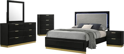 Coaster Home Furnishings Caraway Contemporary 5-Piece Bedroom Set Upholstered California King Size LED Panel Bed Frame 55-inch Headboard Black 224781KW-S5