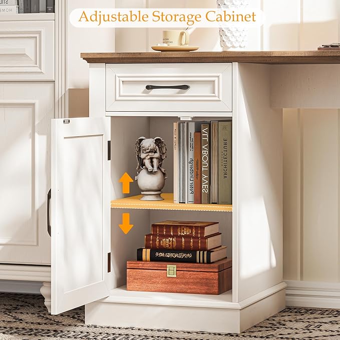 Halitaa Farmhouse 59" L-Shaped Executive Desk with Drawers, Wood Home Office Corner Desk with File Drawer, Storage Cabinet, Rustic Computer Writing Desk for Home Office.White-Brown