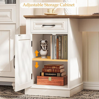 Halitaa Farmhouse 59" L-Shaped Executive Desk with Drawers, Wood Home Office Corner Desk with File Drawer, Storage Cabinet, Rustic Computer Writing Desk for Home Office.White-Brown