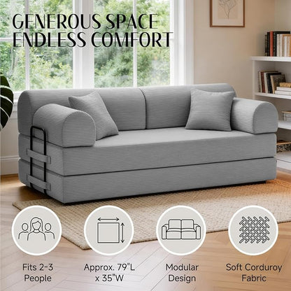 79'' Convertible Sofa Bed, 6 in 1 Folding Floor Futon Couch Sleeper with Fixed Frame, Corduroy Modular Sofa Bed with Removable Armrests & Pillows, No Assembly for Living Room Bedroom (Light Gray)