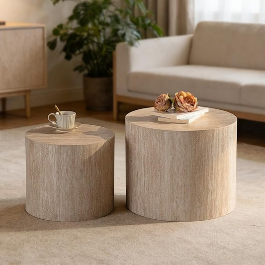 Nesting Round Coffee Table Set of 2, Circle Accent End Table for Small Spaces, Morden Drum Side Table, Wooden Center Table for Living Room, Fully Assembled - Beige
