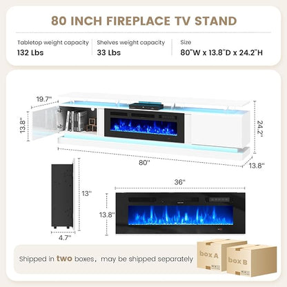 80" Fireplace TV Stand, Modern Entertainment Center for TVs Up to 90", TV Console with Storage Cabinets, Media Console for Living Room, WI-FI Enabled White TV Stand and Black Fireplace