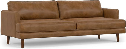 SIMPLIHOME Livingston Sofa - 90 inch Wide Top Grain Genuine Leather Sofa in Caramel Brown, Mid-Century Modern 3-Seater Couch for Living Room with Feather-Wrapped Cushions and Solid Wood Frame