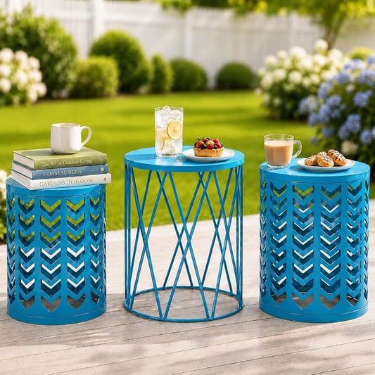 Nesting Side Table Set of 3 Decorative Round Garden Stools for Indoor Outdoor Heavy Duty Metal Frame Side Table Nightstands Modern End Table Plant Stand, Blue