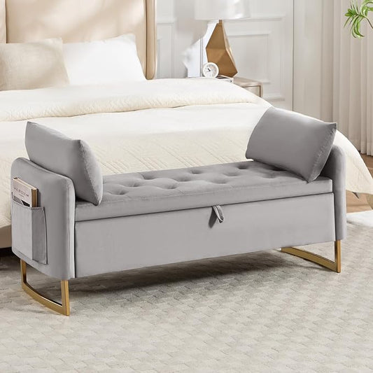 48" End of Bed Bench, Modern Storage Benches with Button-Tufted, Velvet Upholstered Storage Ottoman Bench for Foot of Bed with Arms, Gold Legs Window and Entryway, Light Grey