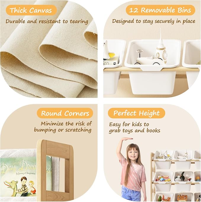 EXPERLAM Toy Storage Organizer with Bookshelf, Kids Toy Organizer and Storage Shelf with 12 White Bins, Solid Pine Wood Book Rack for Playroom, Nursery, Kids Room, Toys and Books