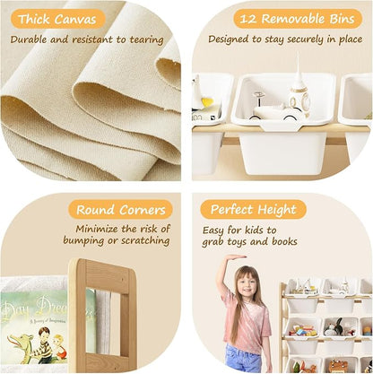 EXPERLAM Toy Storage Organizer with Bookshelf, Kids Toy Organizer and Storage Shelf with 12 White Bins, Solid Pine Wood Book Rack for Playroom, Nursery, Kids Room, Toys and Books