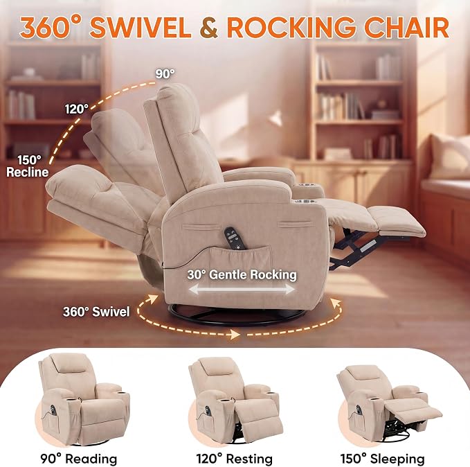 JUMMICO Small Swivel Rocker Recliner, 360 Rocking Chair Recliner with Massage, Upholstered Fabric Rocker Recliner with Cup Holder for Living Room, Bedroom, Nursery (Beige)
