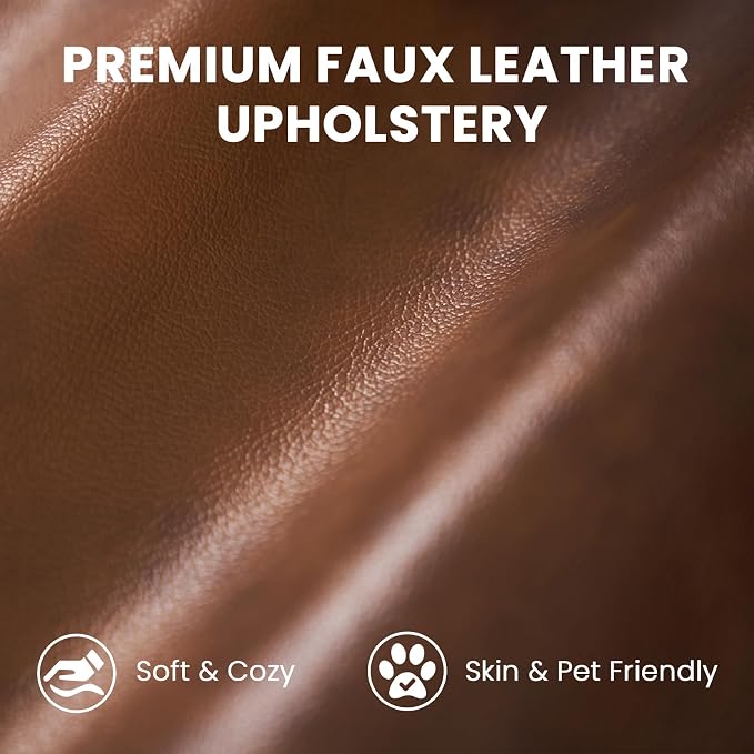 Vesgantti 100" Faux Leather Sofa with Movable Ottoman, Wide Seating L Shaped PU Leather Couch with Side Pocket, Comfy Mid Century Modern Modular Sectional Sofa for Living Room, Office, Cocoa
