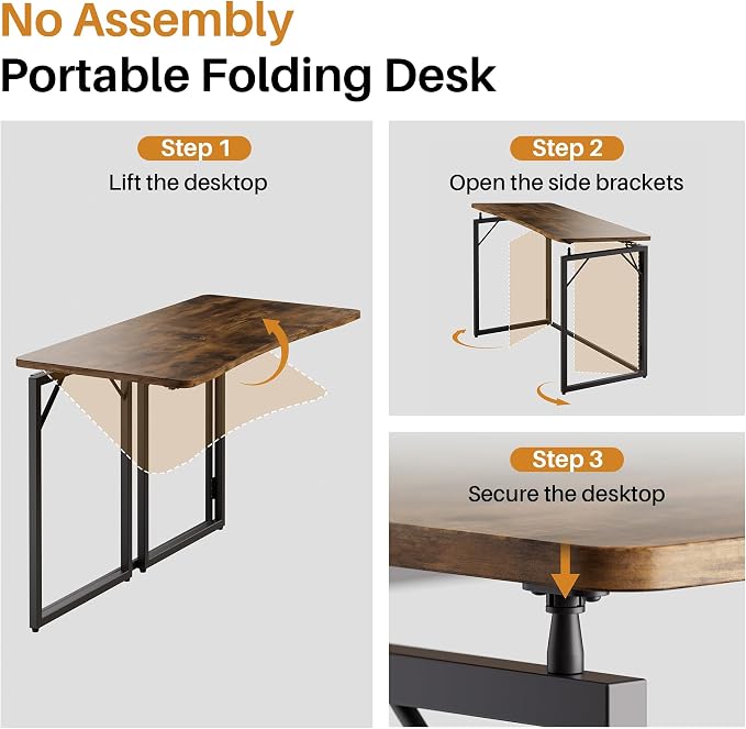 JOYMOOP Folding Desk Rustic Brown - 31.5", No Assembly Small Foldable Desk for Home, Office, Wooden Top Folding Computer Desk for Working, Writing, Studying
