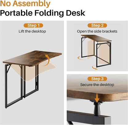 JOYMOOP Folding Desk Rustic Brown - 47.2", No Assembly Foldable Desk for Home, Office - Large Size, Wooden Top Folding Computer Desk for Working, Writing, Studying
