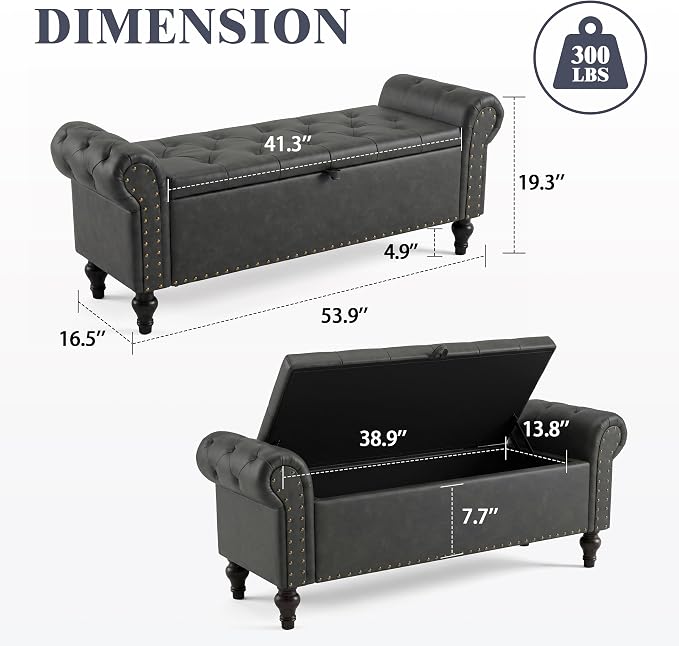 55" Storage Bench for Bedroom, Upholstered Ottoman Bench, Leather DarkGray | End of Bed Bench for Bedroom, Window Benches for Living Room, Entryway, Ottoman with Large Storage Space, Pet Friendly