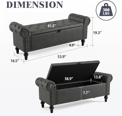 55" Storage Bench for Bedroom, Upholstered Ottoman Bench, Leather DarkGray | End of Bed Bench for Bedroom, Window Benches for Living Room, Entryway, Ottoman with Large Storage Space, Pet Friendly